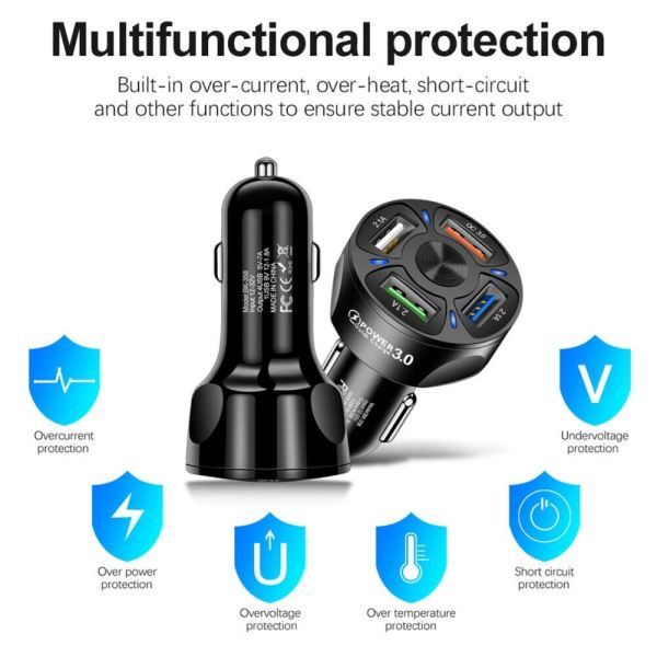 4 Ports USB Car Charger Adapter Galaxy S20 Ultra And More PROTECTION AND SAFETY